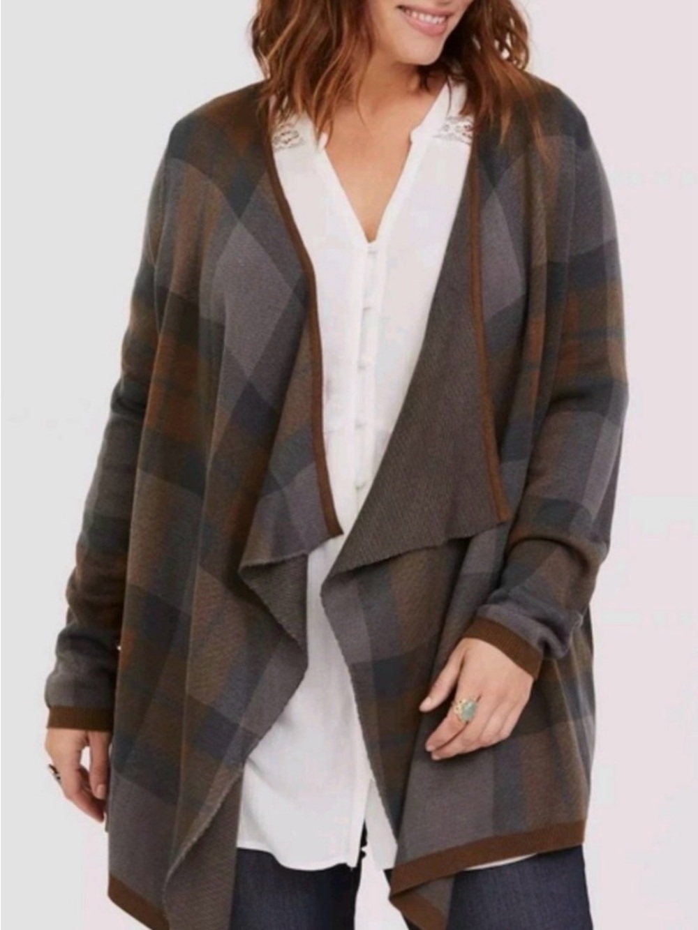 Torrid x Outlander plaid tartan drape knit cardigan in soft blue and brown